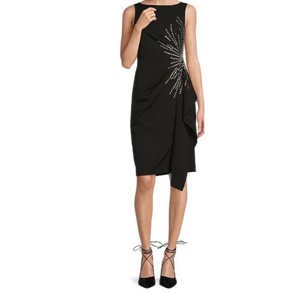 Eliza J dress black stretch boat neck sleeveless side ruffle - Picture 1 of 5